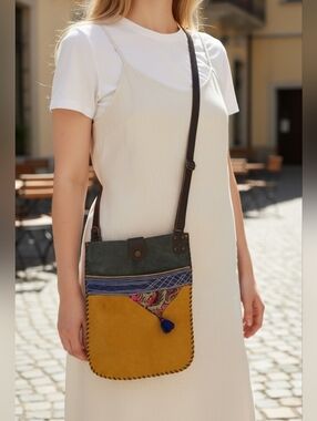Artisan Suede & Leather Crossbody Bag | Boho Patchwork Tassel Bag | Like New